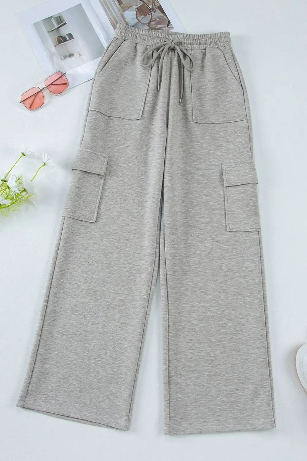 Love Salve Light Grey Lace-Up Women's Wide Leg Active Pants: Workout & Casual