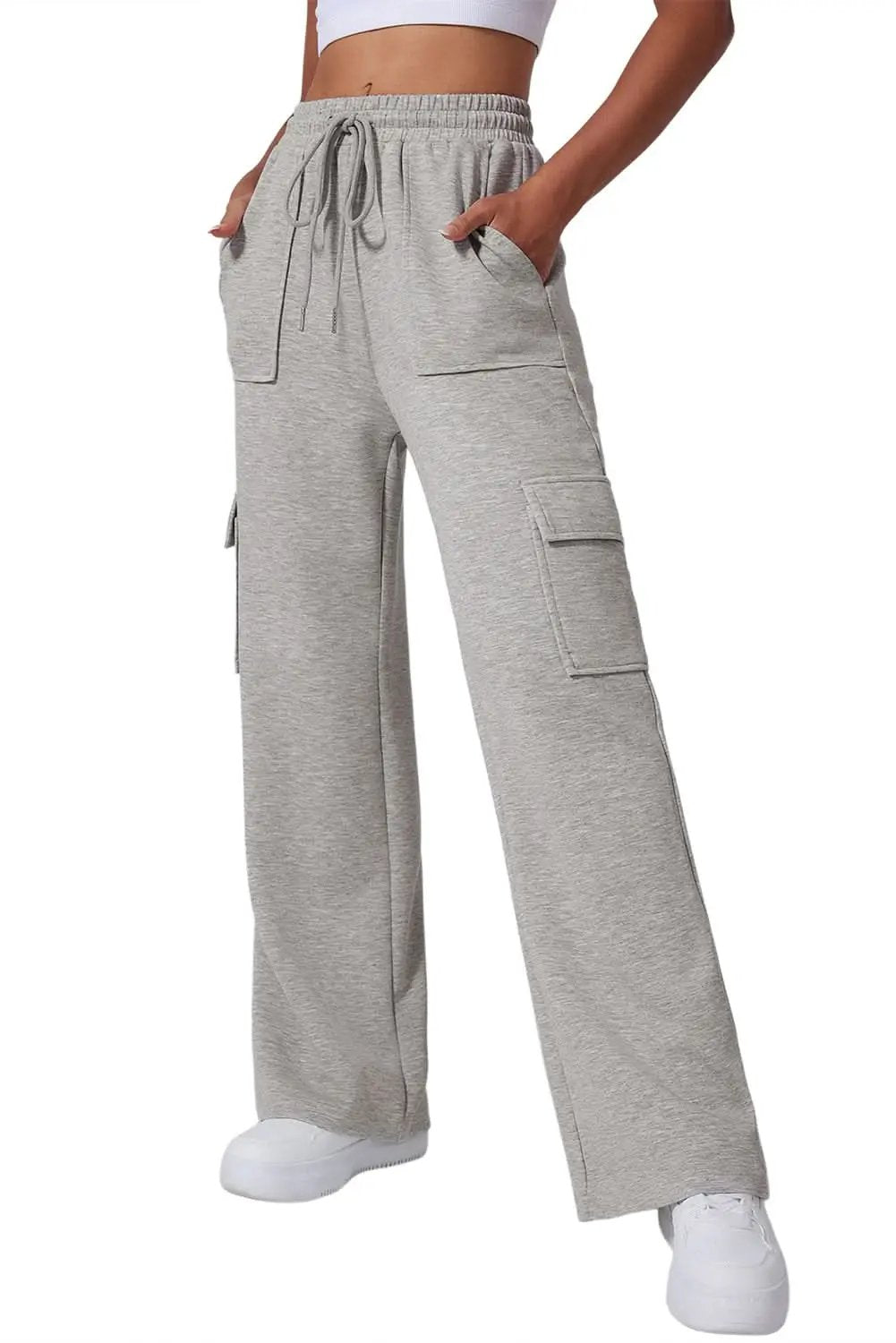 Love Salve Light Grey Lace-Up Women's Wide Leg Active Pants: Workout & Casual