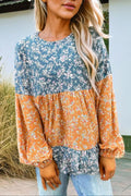 Women's Blouse - Floral Color Block - Ruffled Hem Spring Top
