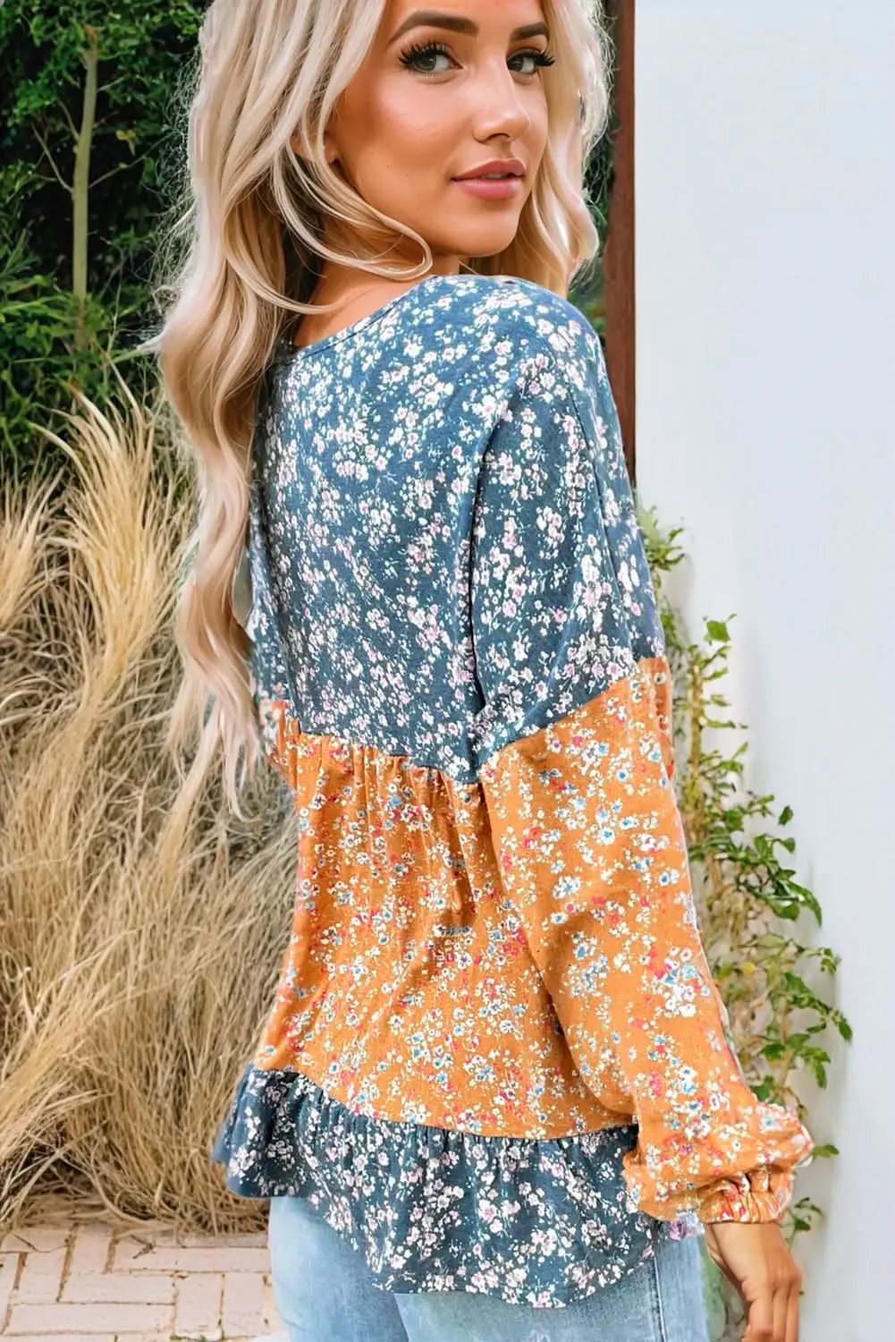 Women's Blouse - Floral Color Block - Ruffled Hem Spring Top