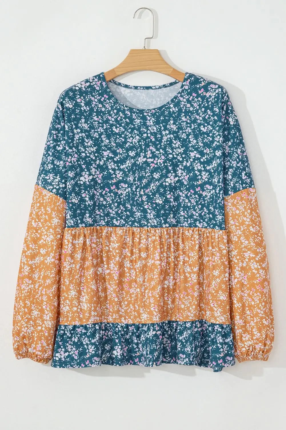 Women's Blouse - Floral Color Block - Ruffled Hem Spring Top