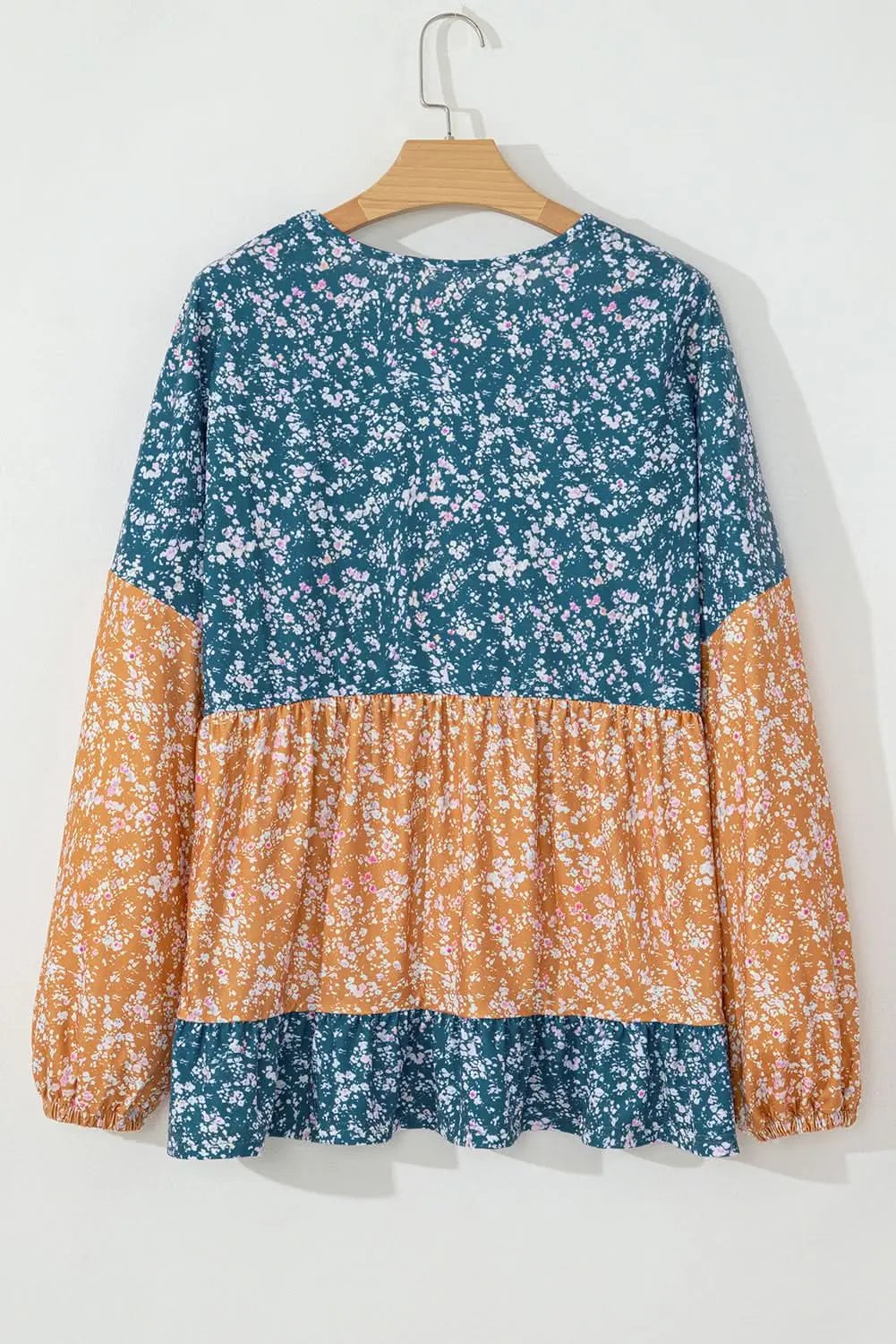 Women's Blouse - Floral Color Block - Ruffled Hem Spring Top