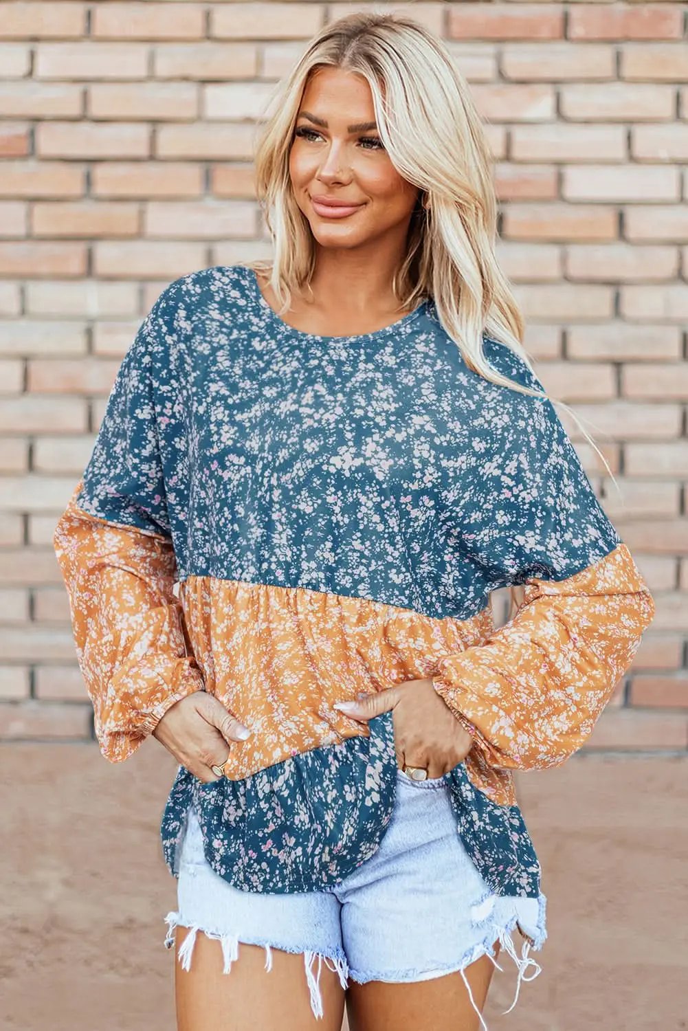 Women's Blouse - Floral Color Block - Ruffled Hem Spring Top
