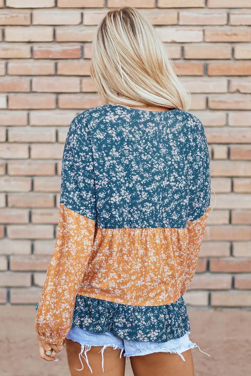 Women's Blouse - Floral Color Block - Ruffled Hem Spring Top