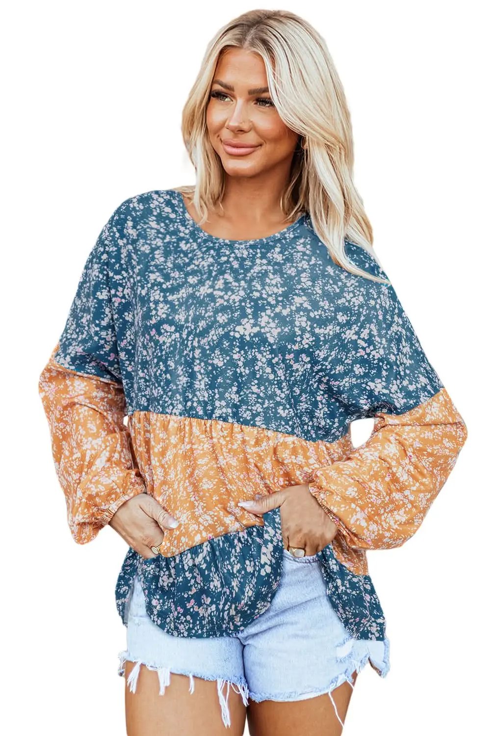 Women's Blouse - Floral Color Block - Ruffled Hem Spring Top
