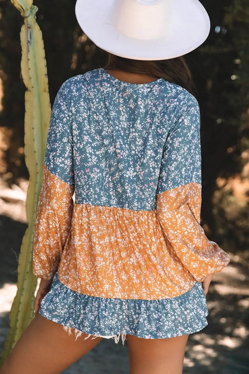 Women's Blouse - Floral Color Block - Ruffled Hem Spring Top