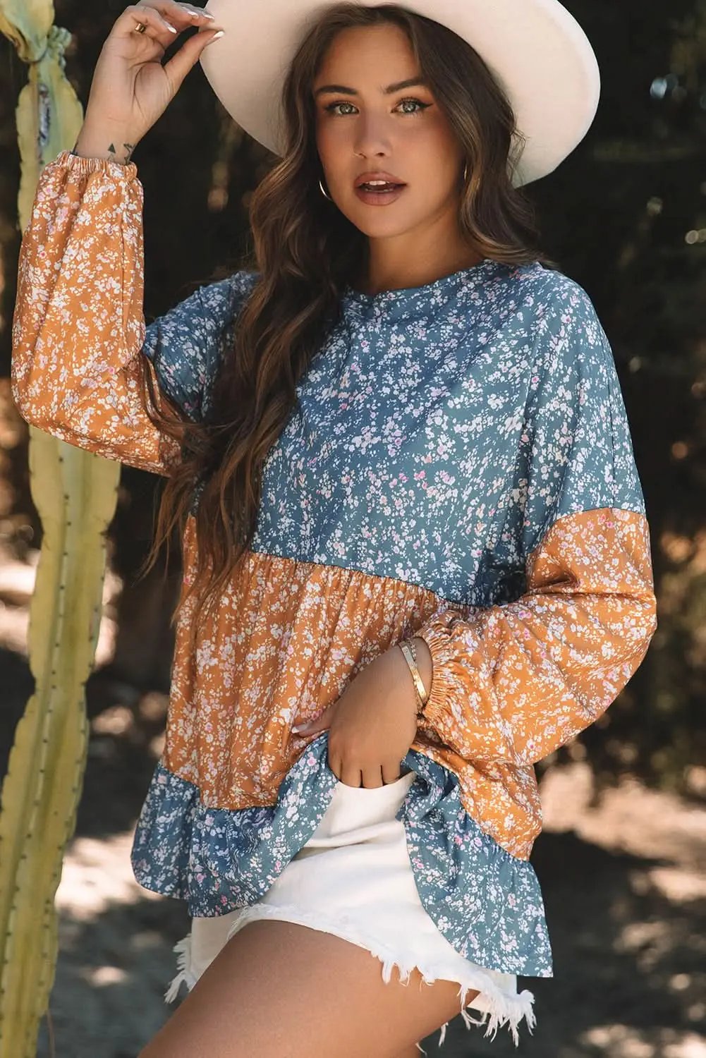 Women's Blouse - Floral Color Block - Ruffled Hem Spring Top