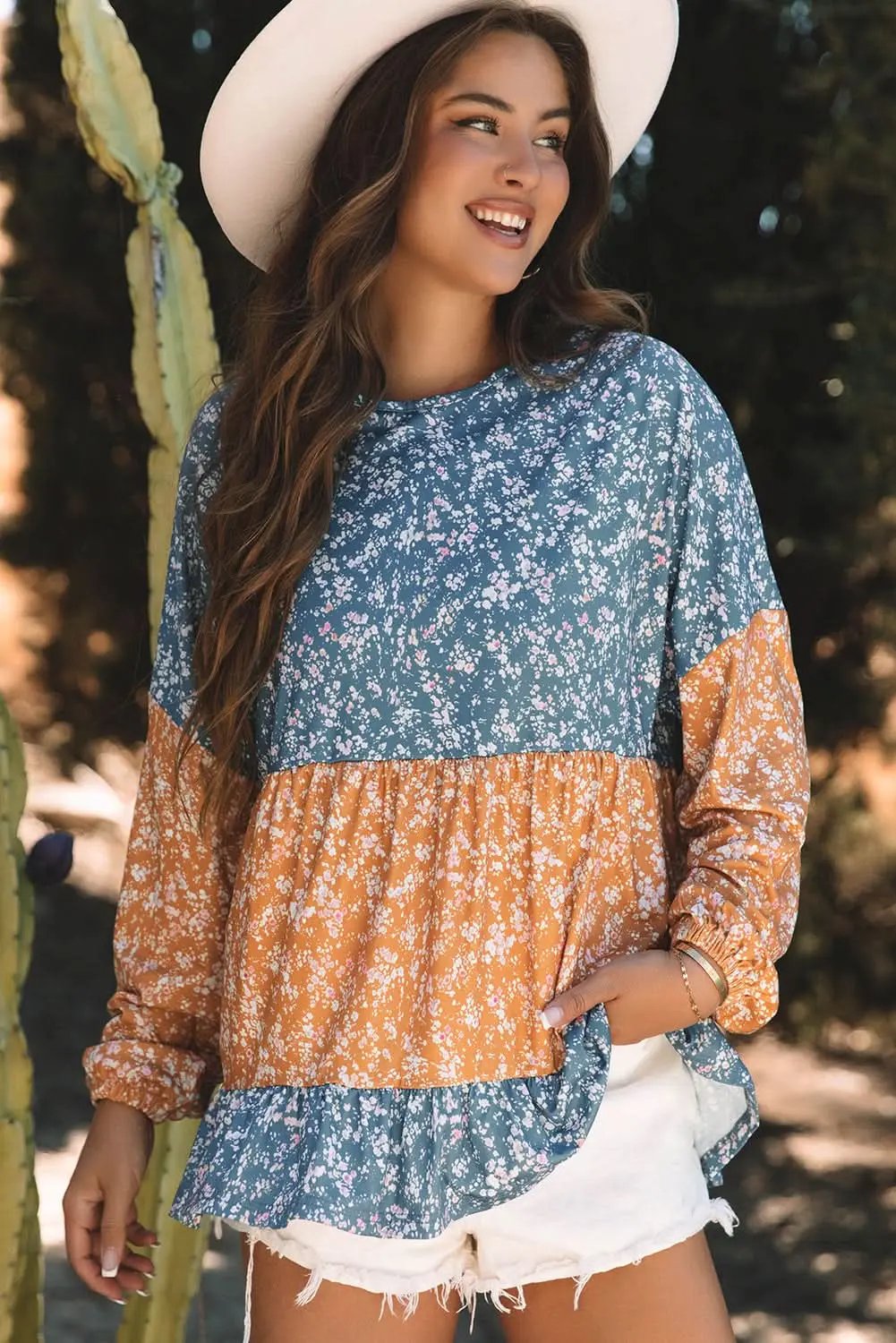 Women's Blouse - Floral Color Block - Ruffled Hem Spring Top