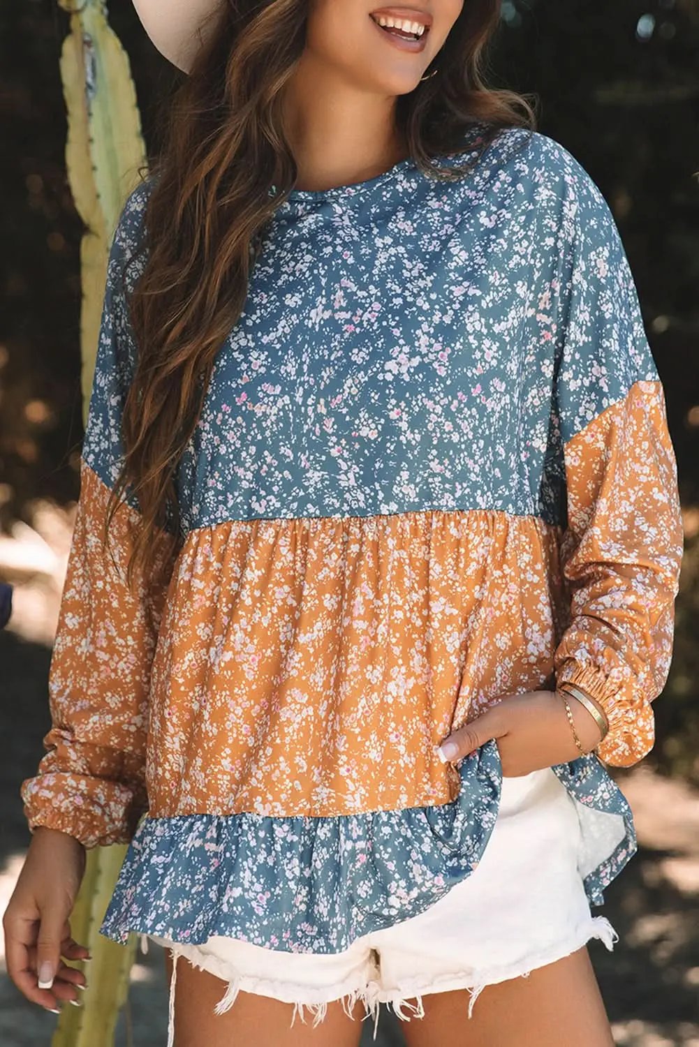 Women's Blouse - Floral Color Block - Ruffled Hem Spring Top
