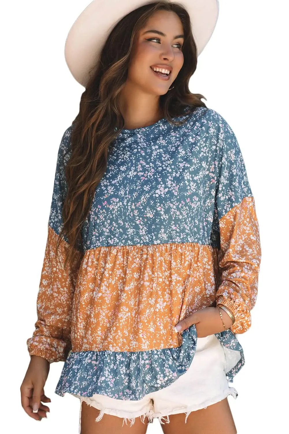 Women's Blouse - Floral Color Block - Ruffled Hem Spring Top
