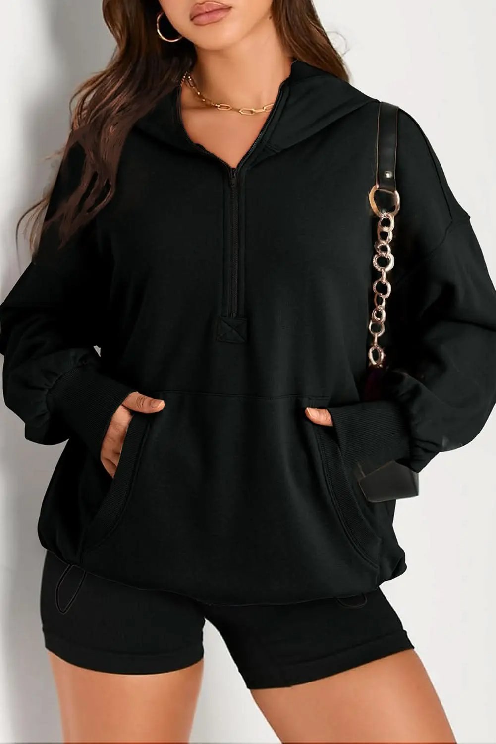 Jackets Love Salve Black Solid Kangaroo Pocket Half Zipper Oversized