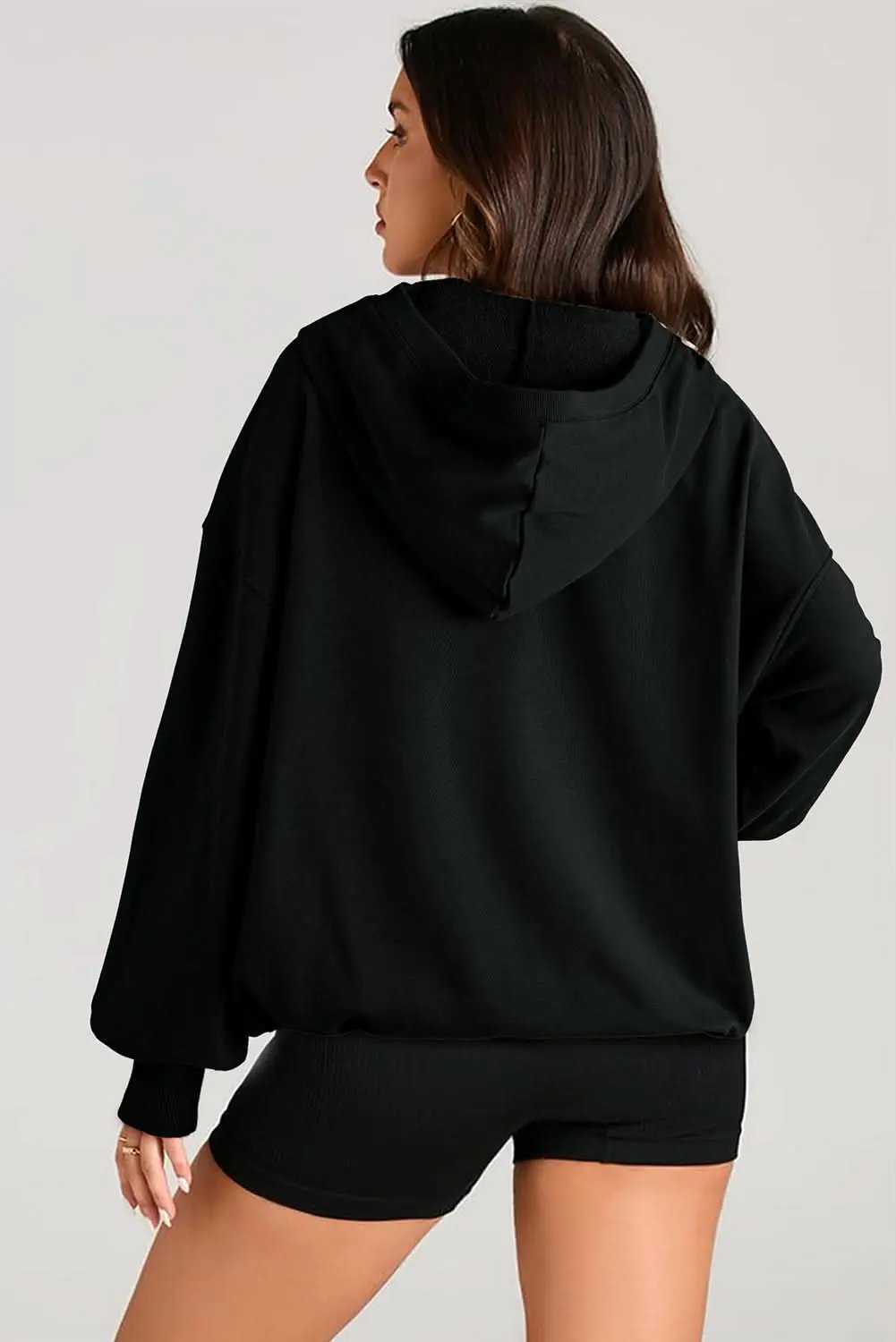 Jackets Love Salve Black Solid Kangaroo Pocket Half Zipper Oversized