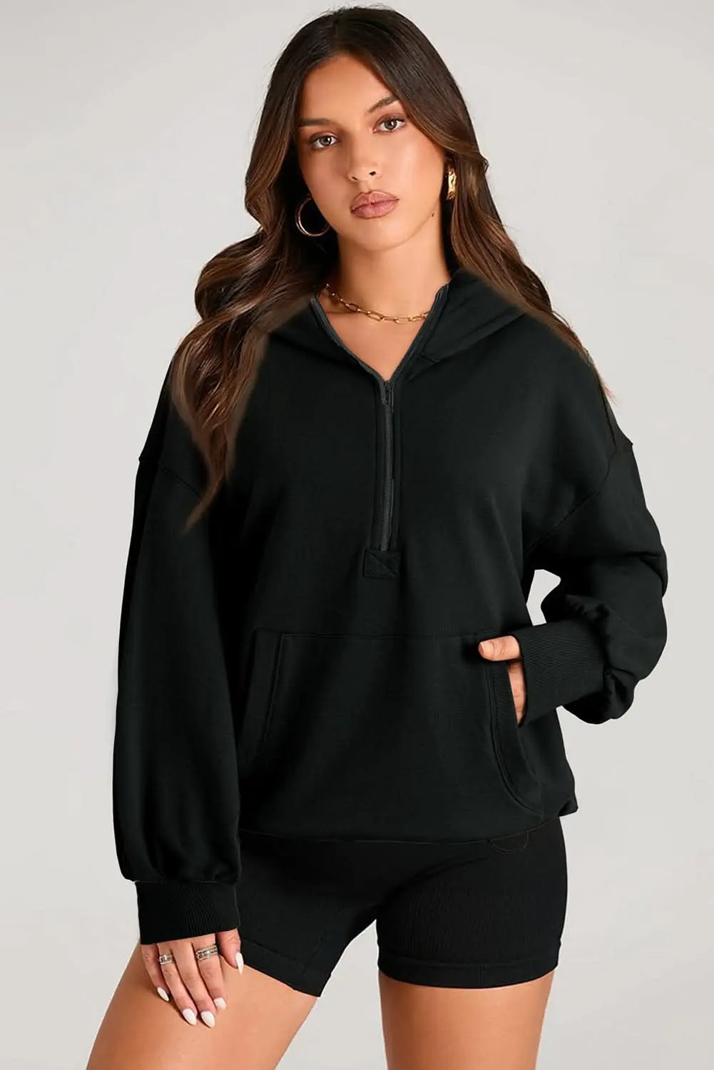 Jackets Love Salve Black Solid Kangaroo Pocket Half Zipper Oversized