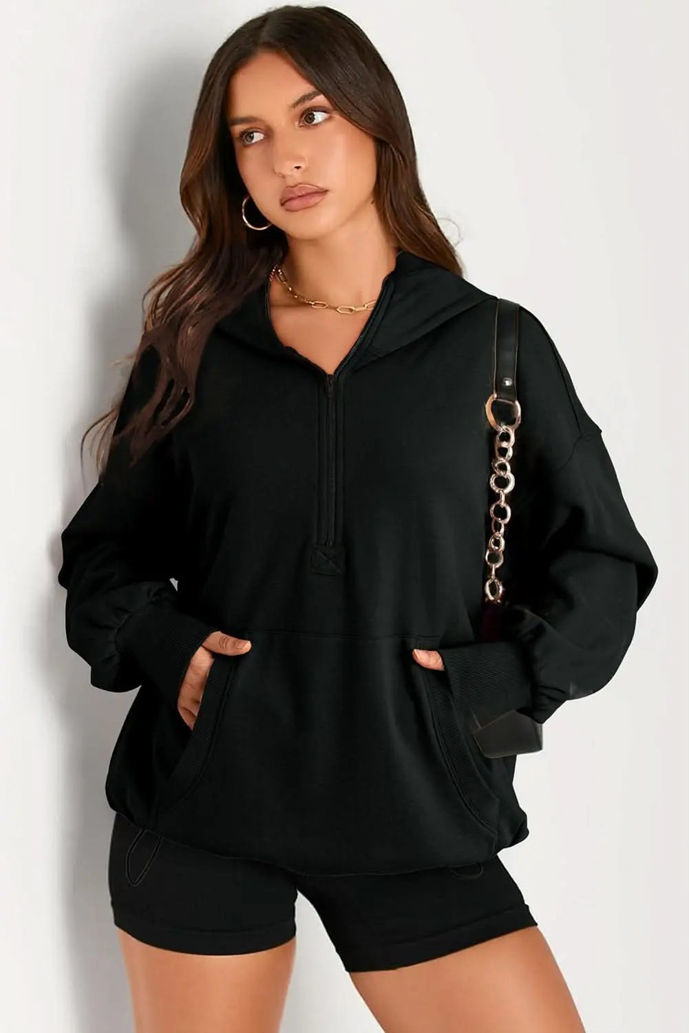 Jackets Love Salve Black Solid Kangaroo Pocket Half Zipper Oversized