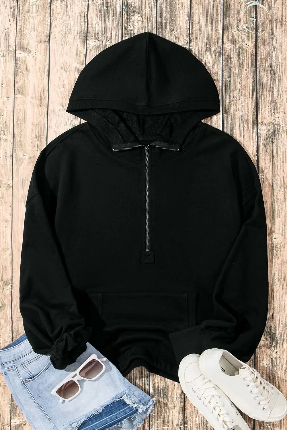 Jackets Love Salve Black Solid Kangaroo Pocket Half Zipper Oversized