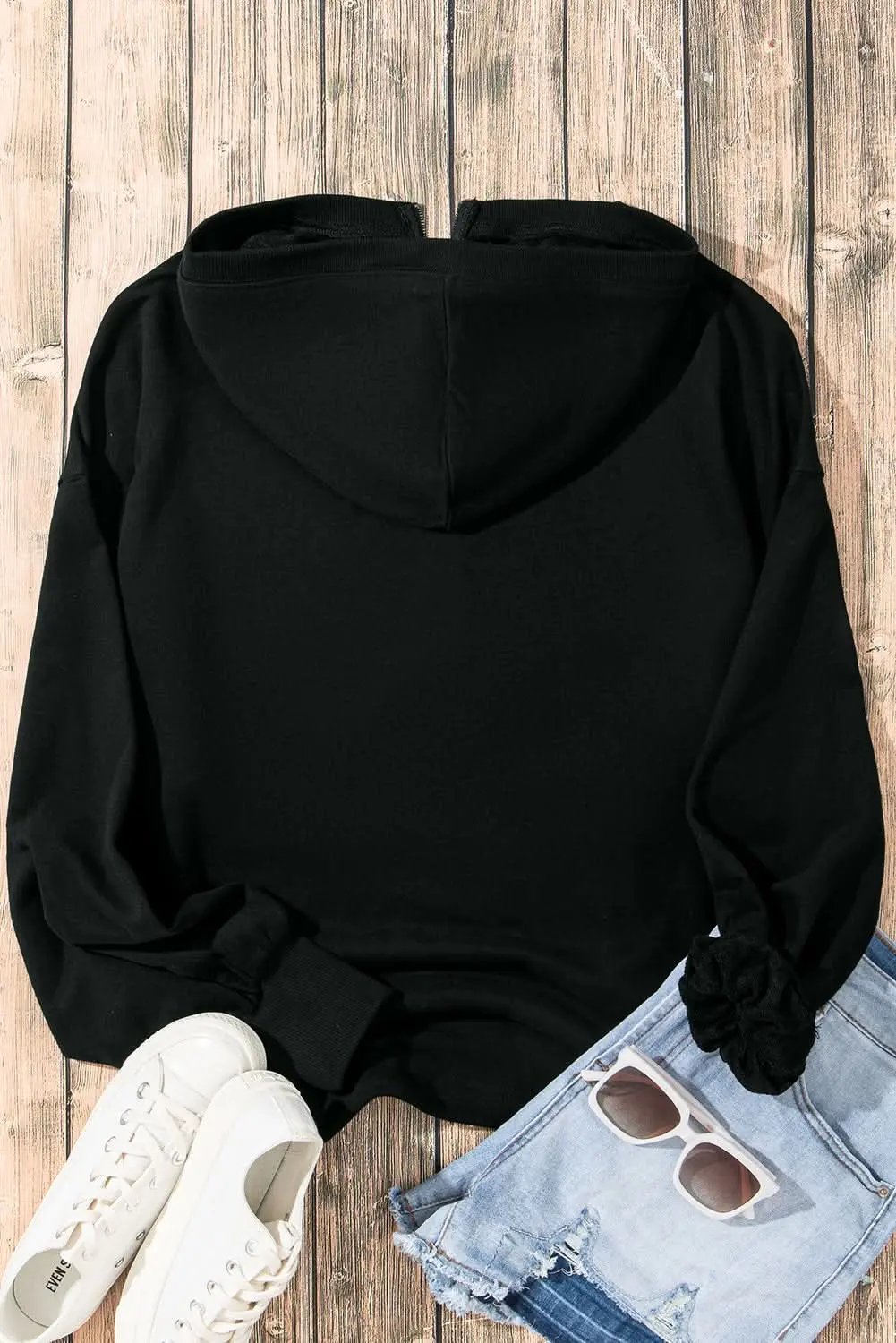 Jackets Love Salve Black Solid Kangaroo Pocket Half Zipper Oversized