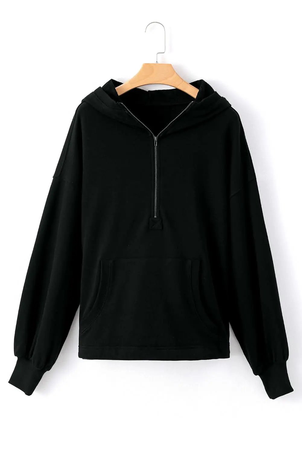 Jackets Love Salve Black Solid Kangaroo Pocket Half Zipper Oversized