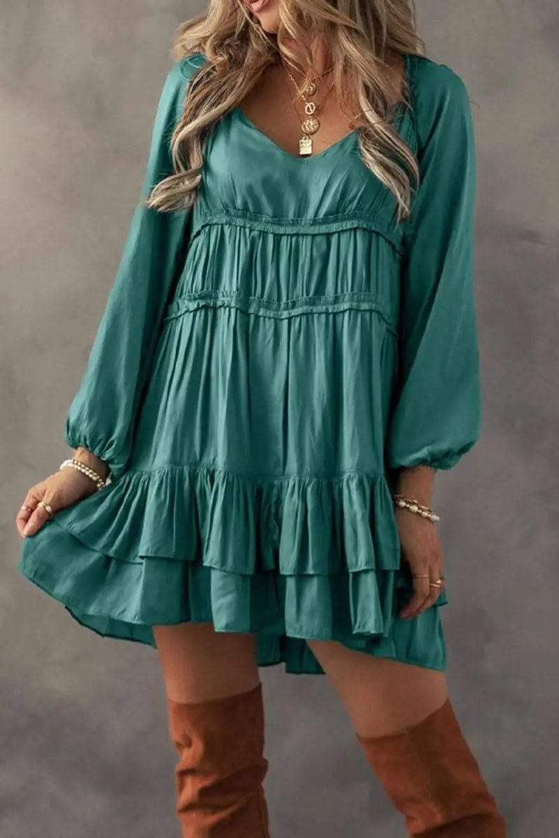 Dresses Love Salve Green Mini Dress Women's Daily Wear Ruffle Tiered A-Line Dress - Chic & Flirty