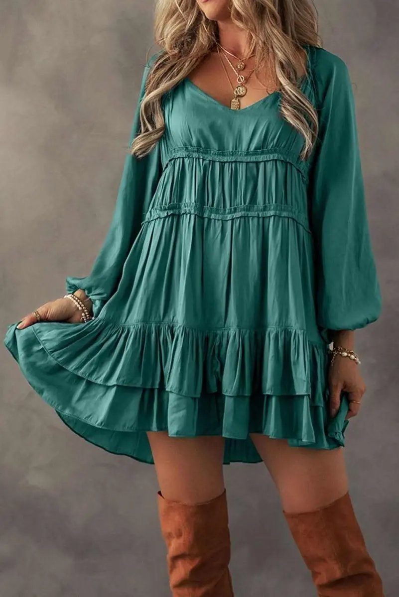 Dresses Love Salve Green Mini Dress Women's Daily Wear Ruffle Tiered A-Line Dress - Chic & Flirty