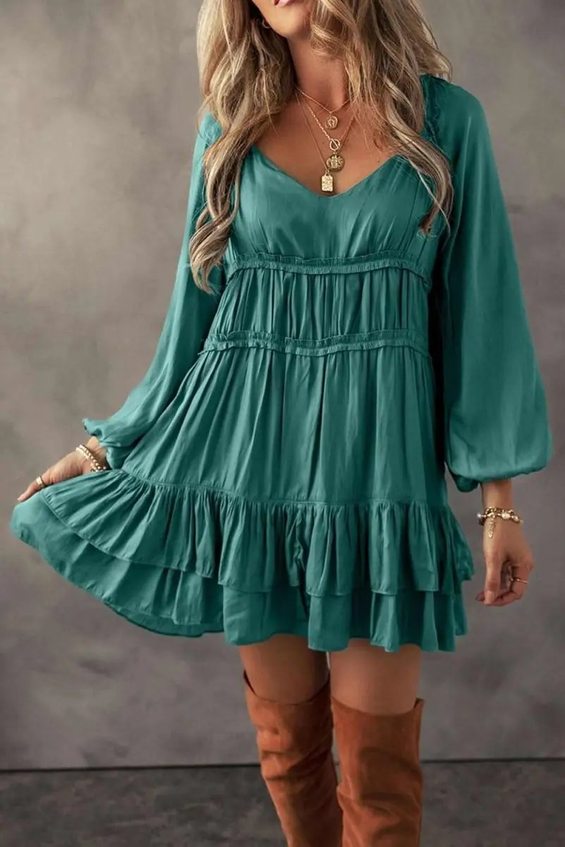 Dresses Love Salve Green Mini Dress Women's Daily Wear Ruffle Tiered A-Line Dress - Chic & Flirty