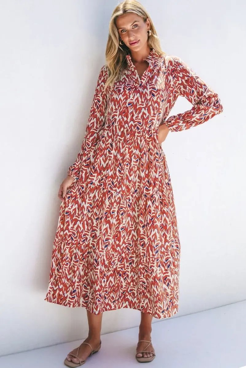 Women's Orange Midi Dress | Love Salve V-Neck