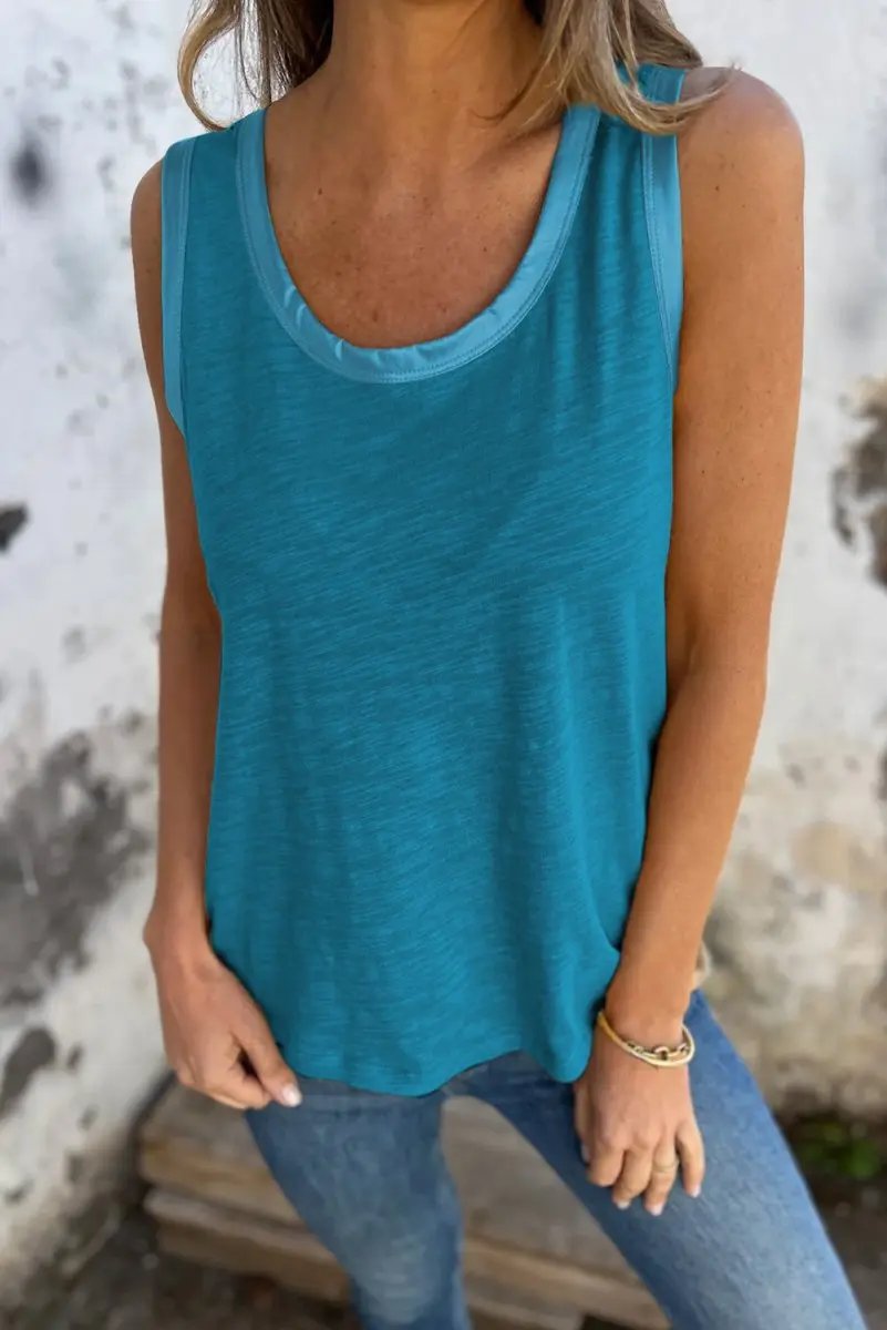 T-Shirts Love Salve Blue Metallic Tank Women's Casual Top: Sheen Edge, Scoop Neck