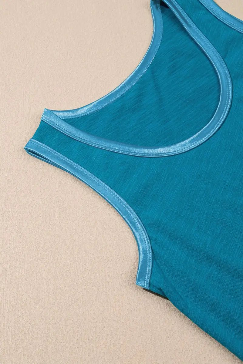 T-Shirts Love Salve Blue Metallic Tank Women's Casual Top: Sheen Edge, Scoop Neck