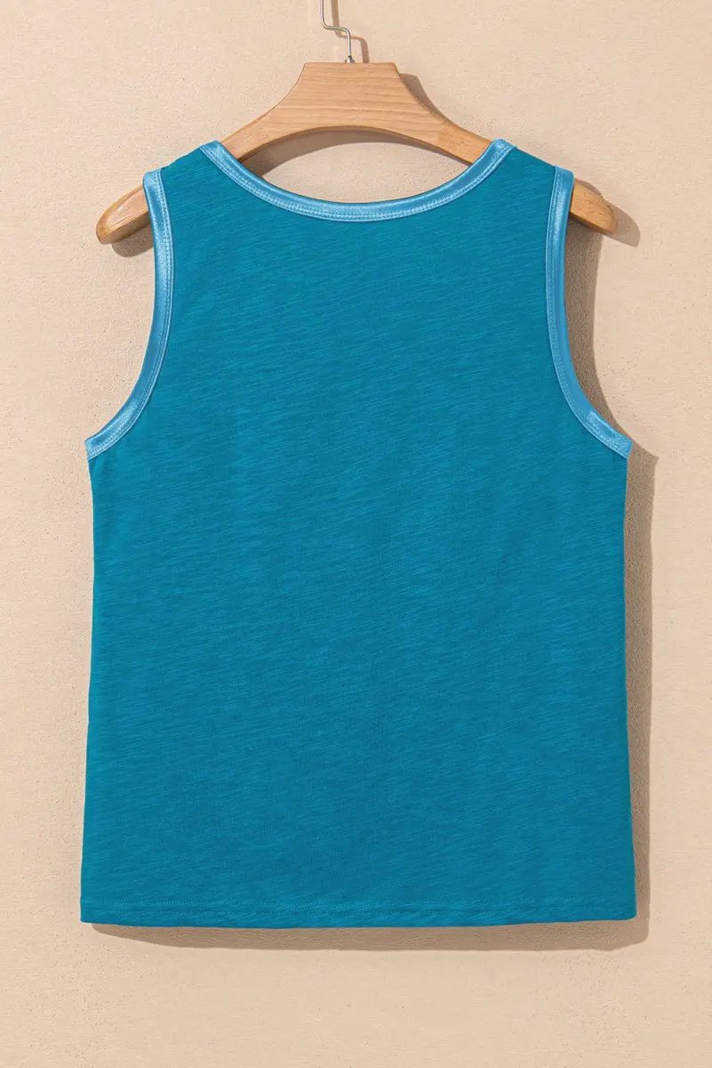 T-Shirts Love Salve Blue Metallic Tank Women's Casual Top: Sheen Edge, Scoop Neck