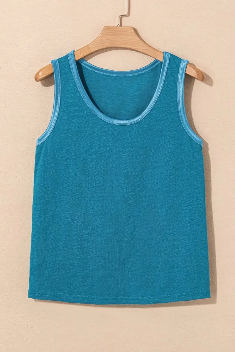 T-Shirts Love Salve Blue Metallic Tank Women's Casual Top: Sheen Edge, Scoop Neck