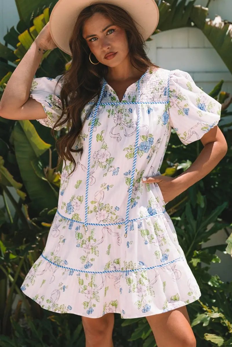 Dresses Love Salve Pink Floral Mini Dress Women's Daily Wear A-Line Puff Sleeve Dress