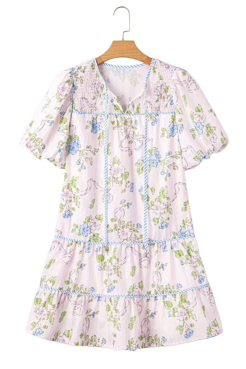 Dresses Love Salve Pink Floral Mini Dress Women's Daily Wear A-Line Puff Sleeve Dress