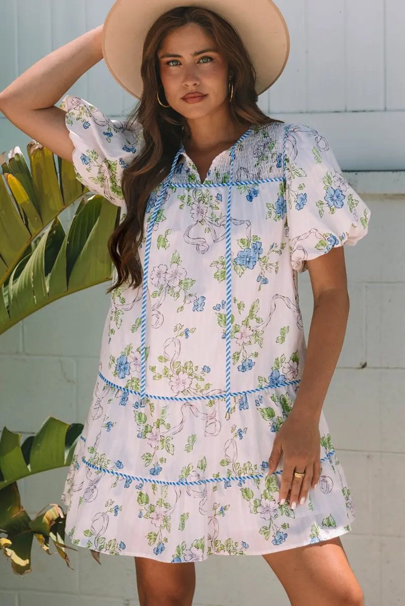 Dresses Love Salve Pink Floral Mini Dress Women's Daily Wear A-Line Puff Sleeve Dress