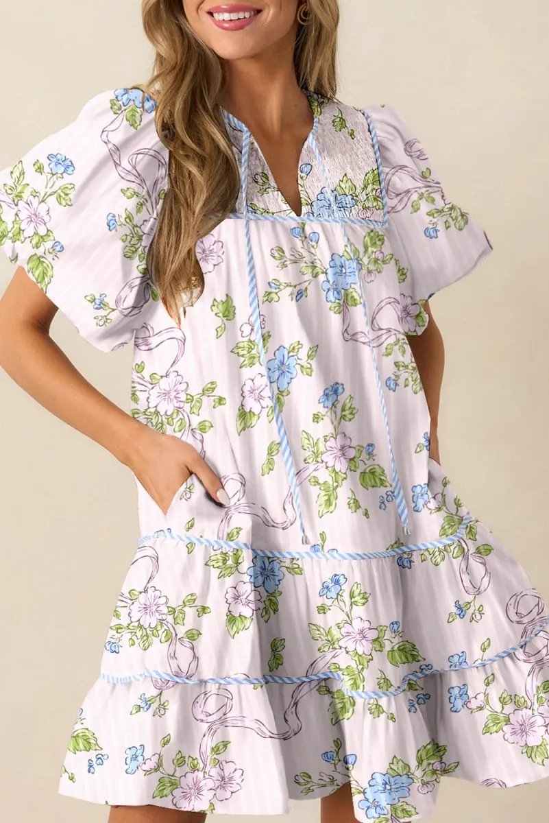 Dresses Love Salve Pink Floral Mini Dress Women's Daily Wear A-Line Puff Sleeve Dress