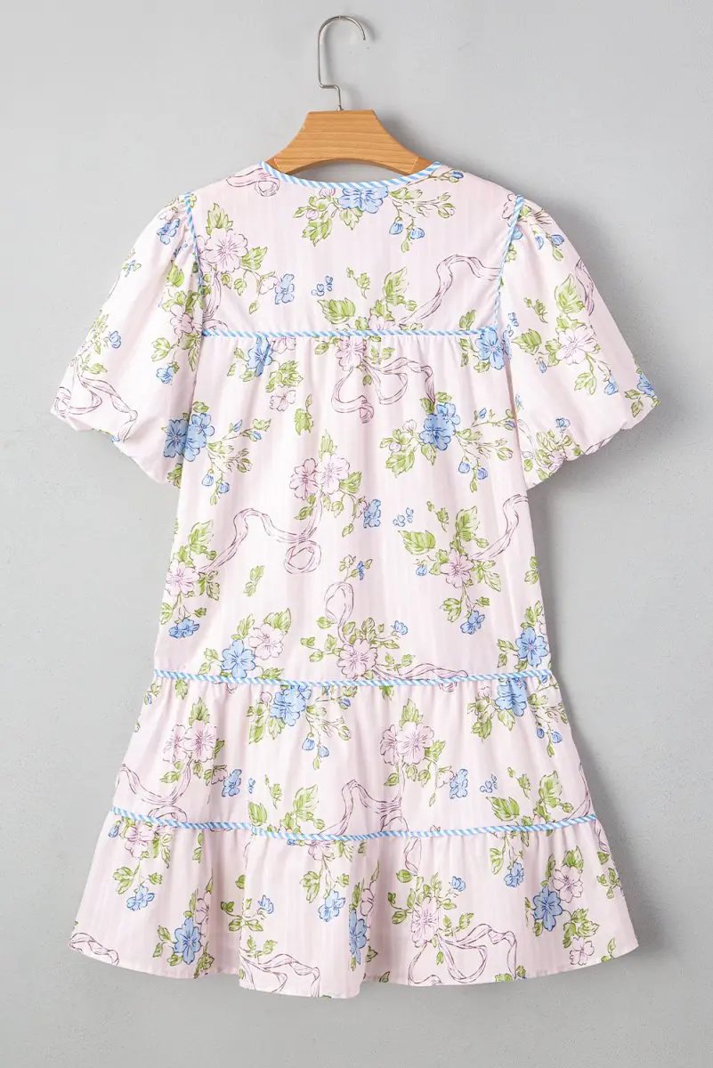 Dresses Love Salve Pink Floral Mini Dress Women's Daily Wear A-Line Puff Sleeve Dress