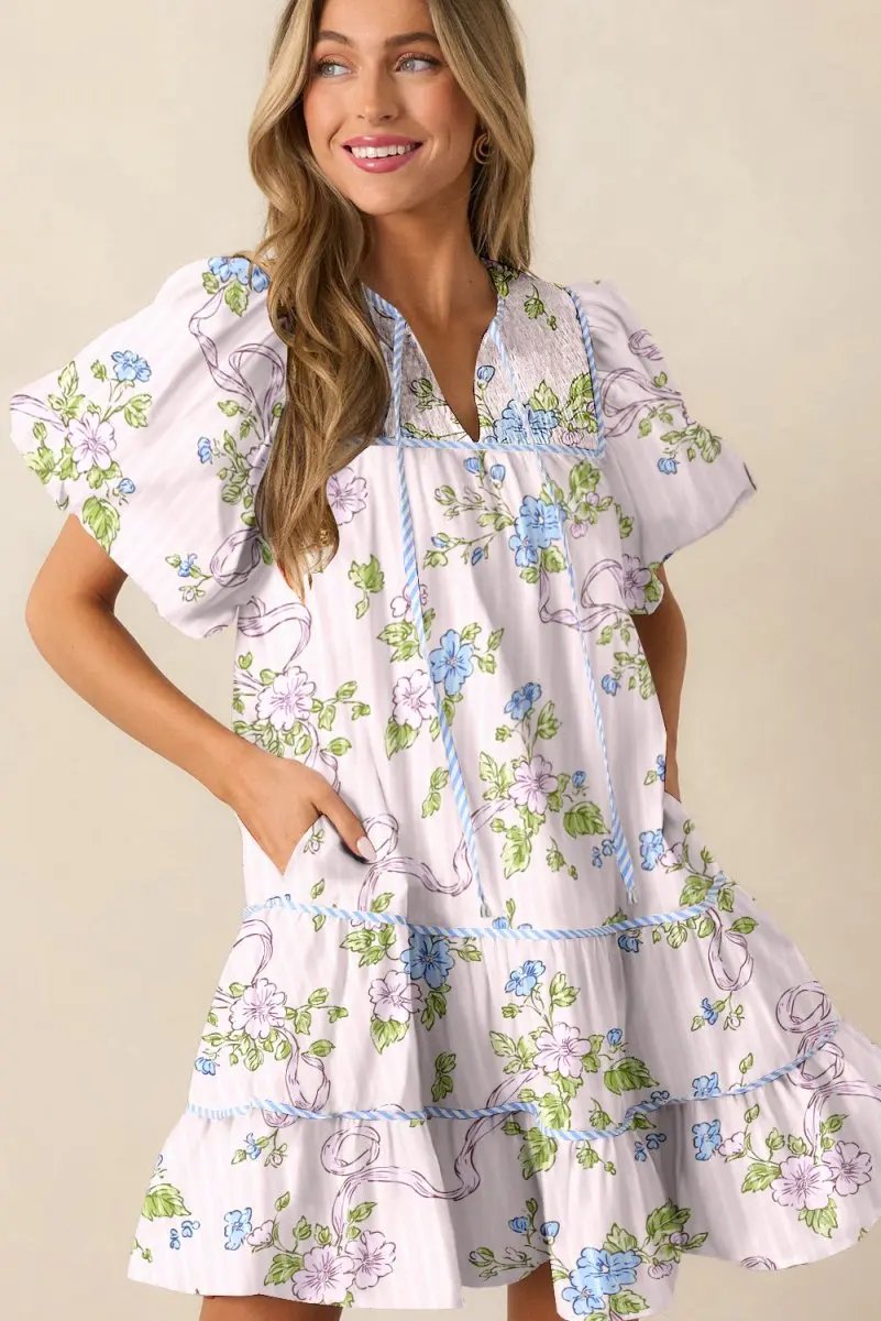 Dresses Love Salve Pink Floral Mini Dress Women's Daily Wear A-Line Puff Sleeve Dress