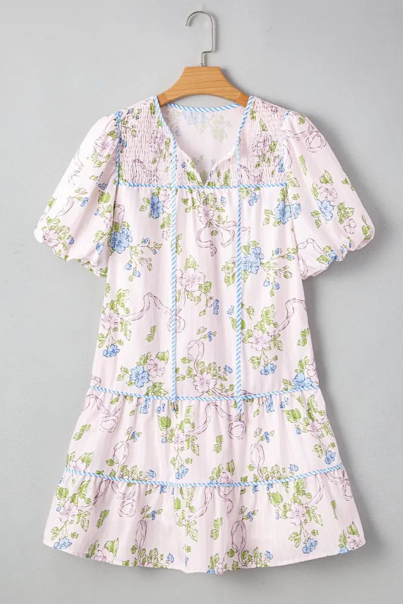 Dresses Love Salve Pink Floral Mini Dress Women's Daily Wear A-Line Puff Sleeve Dress