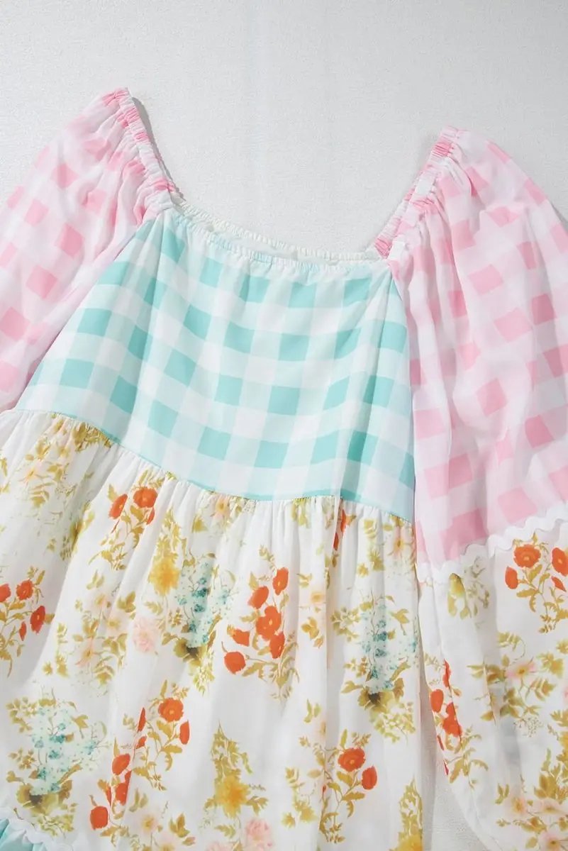 Dresses Love Salve Pink Plaid Floral Dress Women's Casual Mini Dress Cute Bubble Sleeves