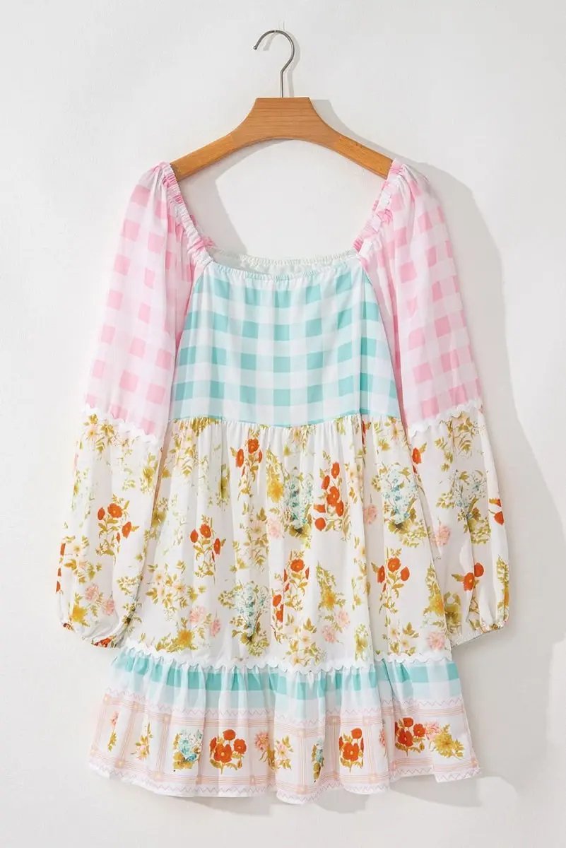 Dresses Love Salve Pink Plaid Floral Dress Women's Casual Mini Dress Cute Bubble Sleeves