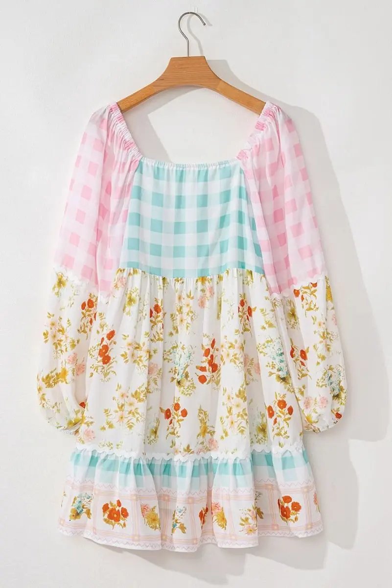 Dresses Love Salve Pink Plaid Floral Dress Women's Casual Mini Dress Cute Bubble Sleeves
