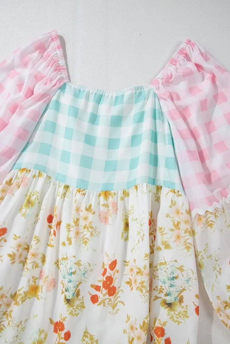 Dresses Love Salve Pink Plaid Floral Dress Women's Casual Mini Dress Cute Bubble Sleeves
