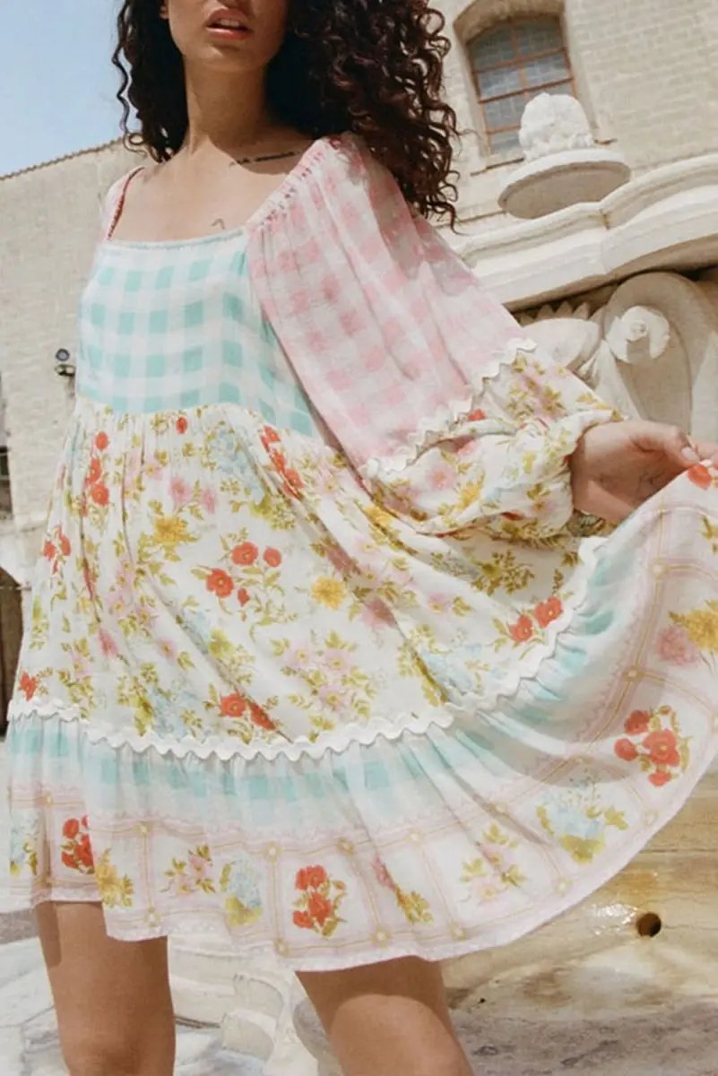 Dresses Love Salve Pink Plaid Floral Dress Women's Casual Mini Dress Cute Bubble Sleeves