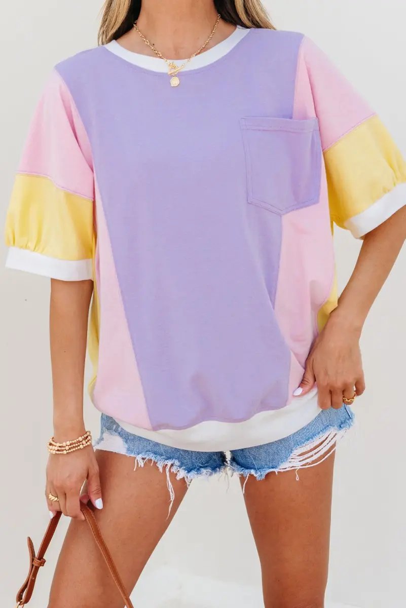 T-Shirts Love Salve Purple Patchwork Oversized Tee Women's Daily Half Sleeve T-Shirt | Comfy Southern Belle Style