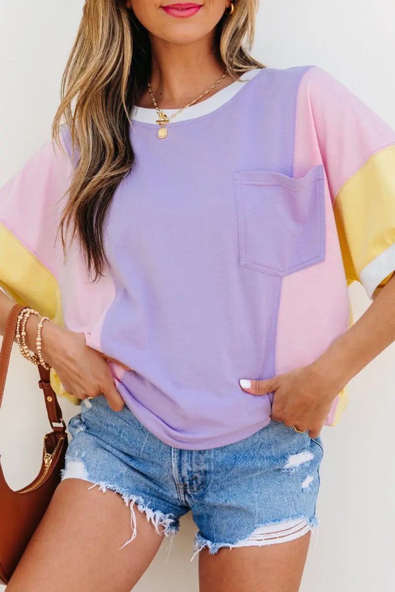 T-Shirts Love Salve Purple Patchwork Oversized Tee Women's Daily Half Sleeve T-Shirt | Comfy Southern Belle Style