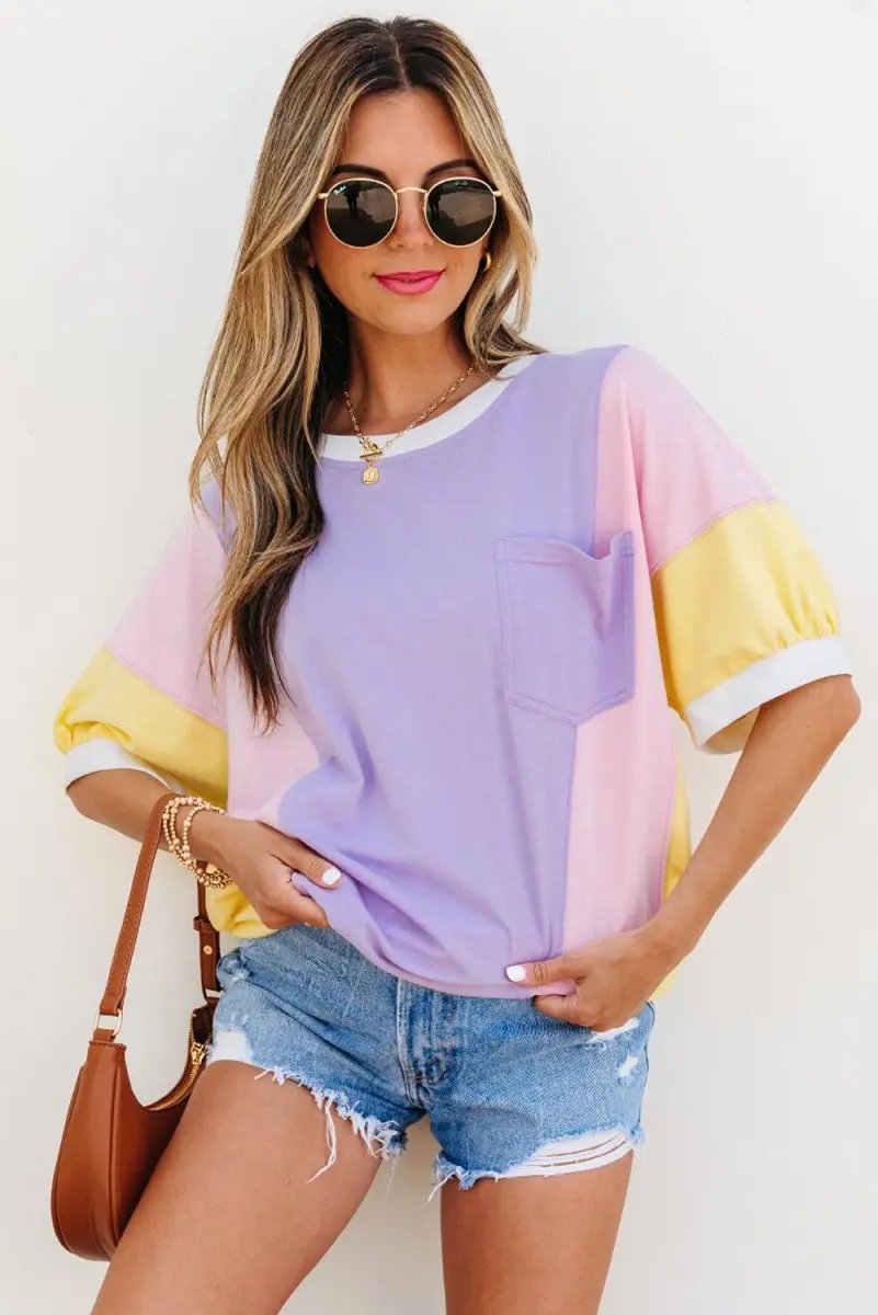 T-Shirts Love Salve Purple Patchwork Oversized Tee Women's Daily Half Sleeve T-Shirt | Comfy Southern Belle Style
