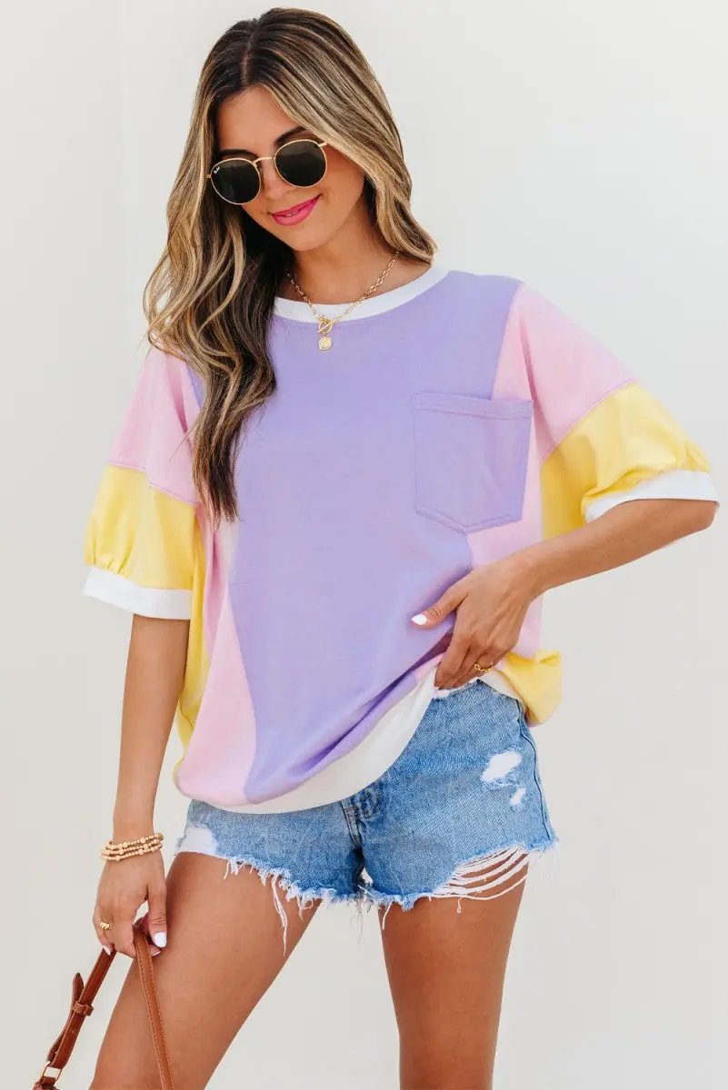T-Shirts Love Salve Purple Patchwork Oversized Tee Women's Daily Half Sleeve T-Shirt | Comfy Southern Belle Style
