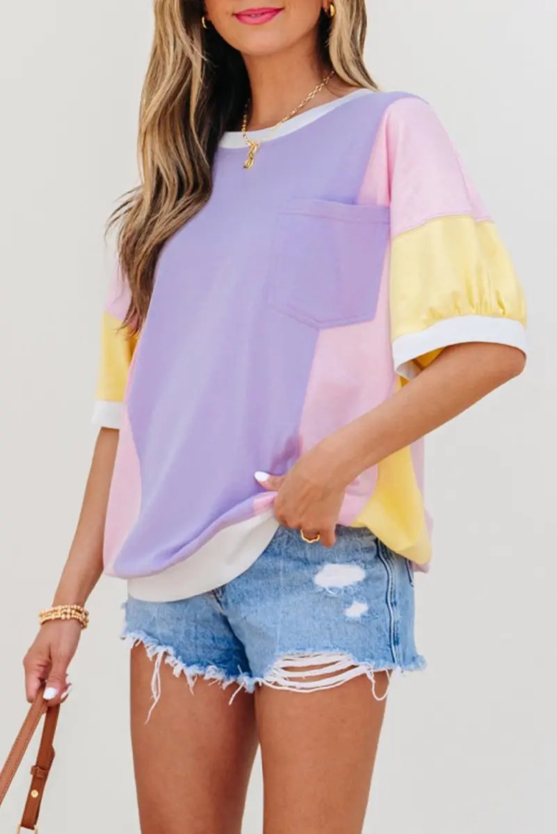 T-Shirts Love Salve Purple Patchwork Oversized Tee Women's Daily Half Sleeve T-Shirt | Comfy Southern Belle Style