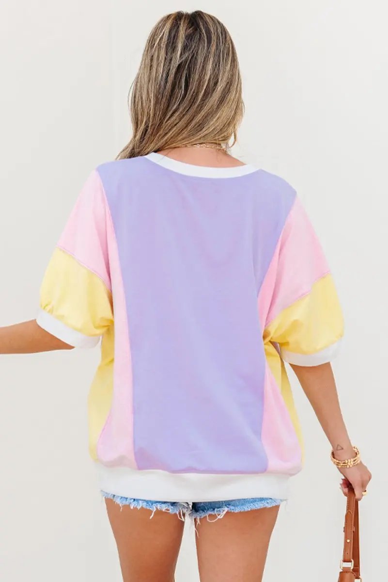 T-Shirts Love Salve Purple Patchwork Oversized Tee Women's Daily Half Sleeve T-Shirt | Comfy Southern Belle Style