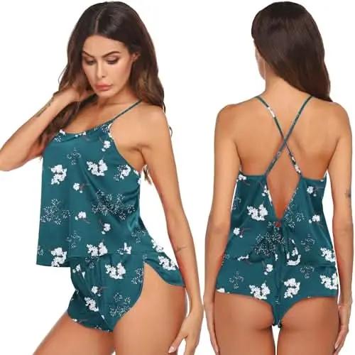 Love Salve Satin Pajamas Women's Backless Lingerie Cami Shorts Set Nightwear