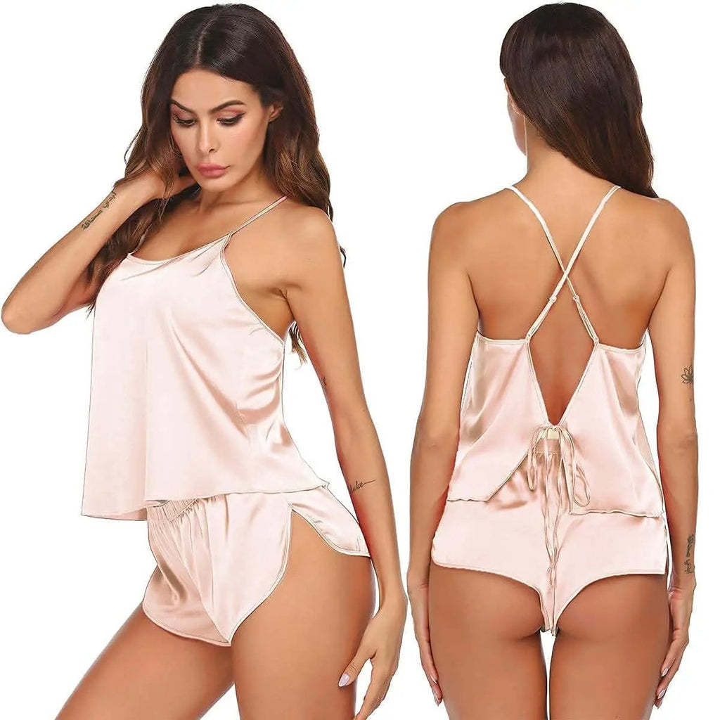 Love Salve Satin Pajamas Women's Backless Lingerie Cami Shorts Set Nightwear