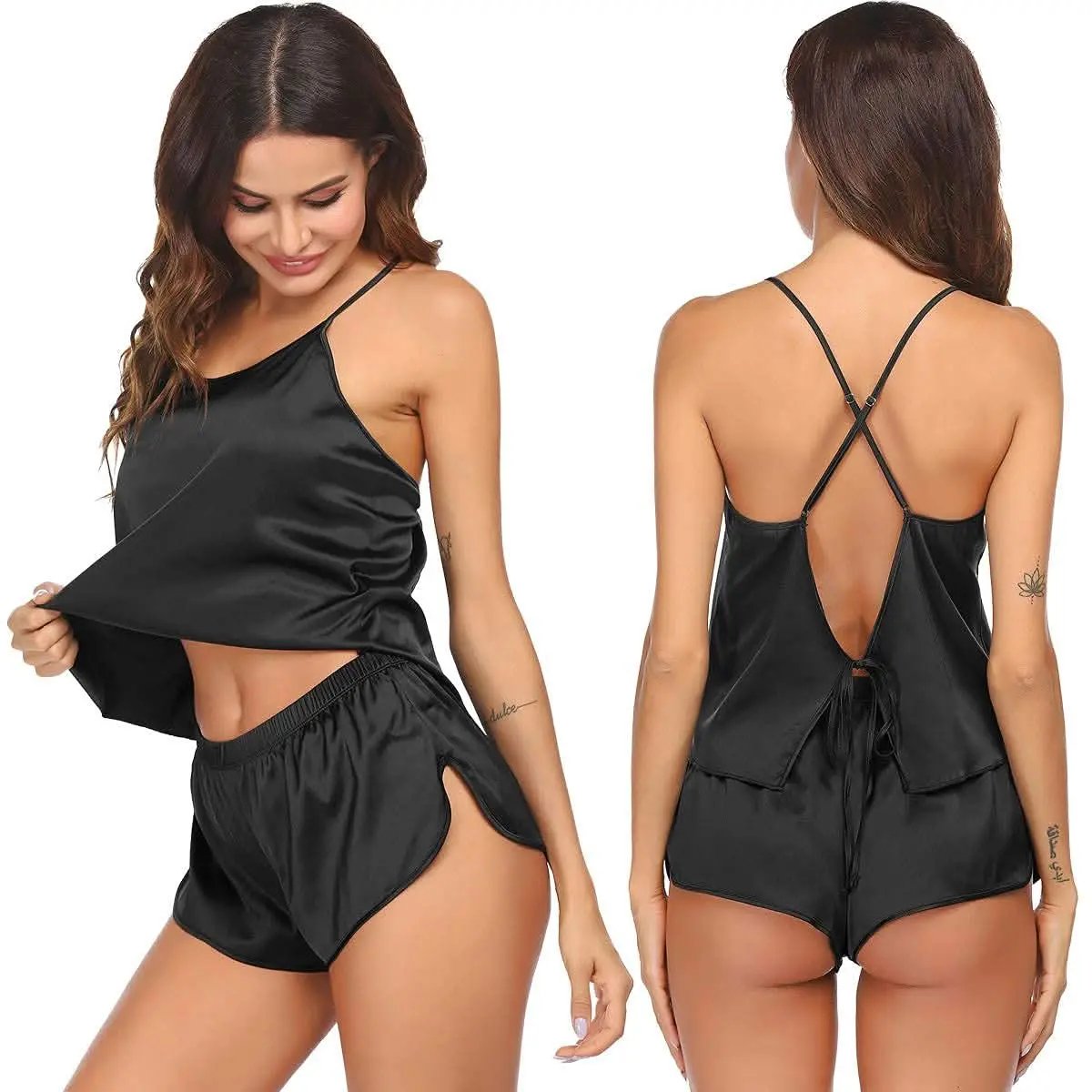 Love Salve Satin Pajamas Women's Backless Lingerie Cami Shorts Set Nightwear